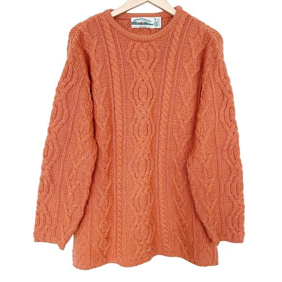 Vintage Aran Crafts Ireland Orange Merino Wool Knit Sweater Sz M - Picture 1 of 4